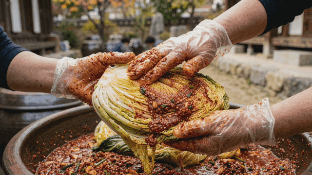 People making kimchi with seasoned napa cabbage