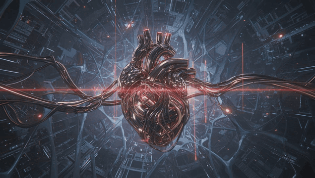 Futuristic mechanical heart with wires