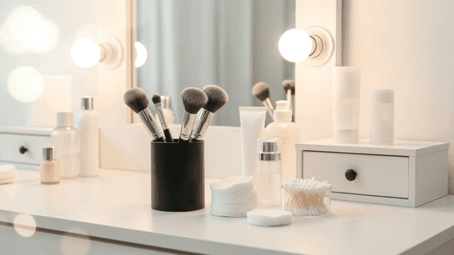 A vanity table with makeup brushes and products