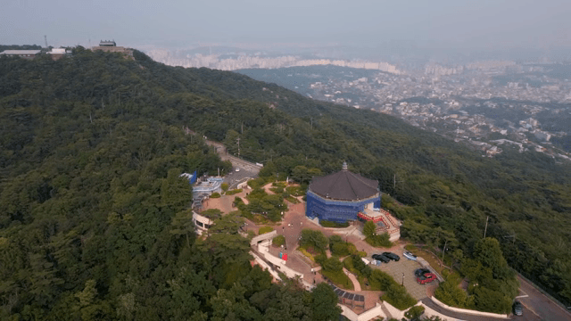 Octagonal pavilion surrounded by lush forest