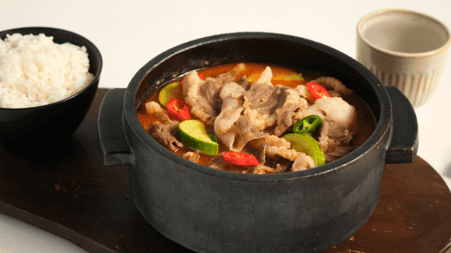 Beef soybean paste stew served with rice and soup