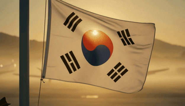 Korean flag waving at sunrise
