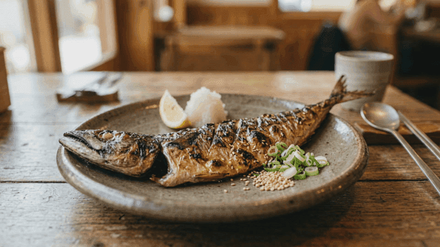 Grilled mackerel with lemon and garnish