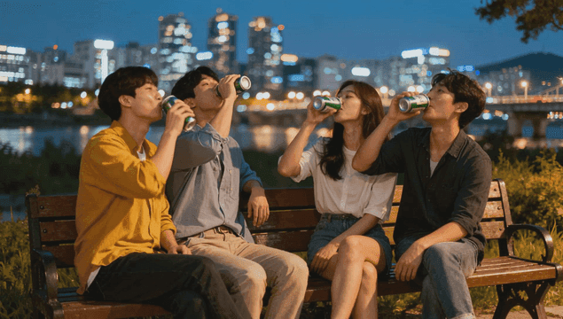 Friends enjoying beer on a park bench