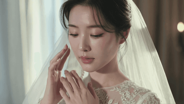 Bride elegantly touching her veil