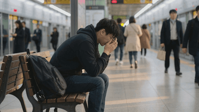 Man sitting stressed in a busy subway