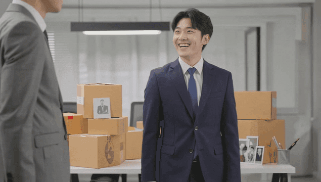 박스짐들이 쌓인 사무실에서 악수하는 두 남자 직장인