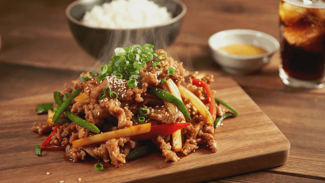 Steaming bulgogi with vegetables on a board