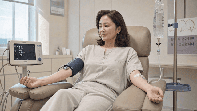 Woman receiving IV fluid treatment at clinic