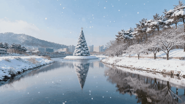 크리스마스 트리가 있는 눈 덮인 호수 풍경