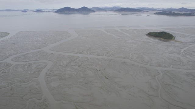 Serene view of coastal area with misty mountains