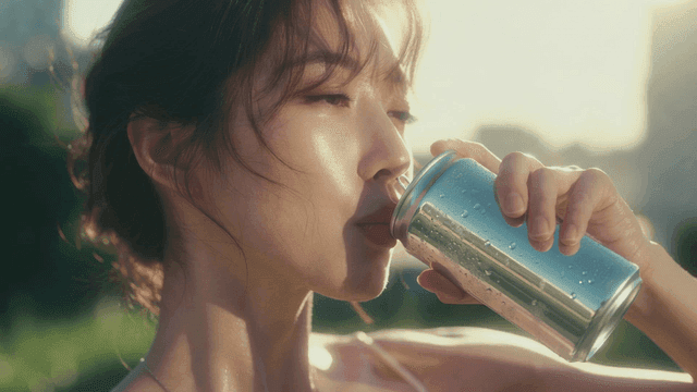 시원한 음료가 담긴 캔을 마시는 젊은 여성