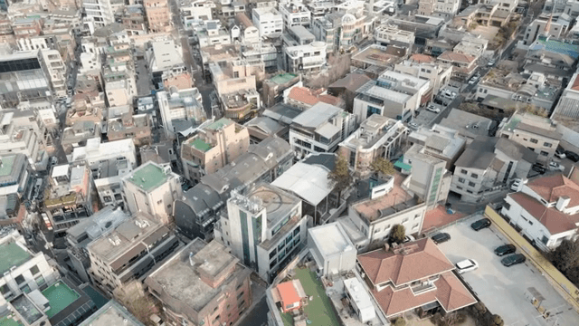 밀집된 도시 지역의 항공 뷰