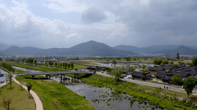 Traditional village with a scenic river