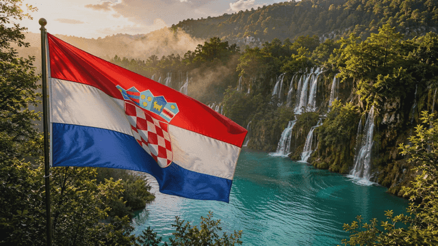 Croatian flag waving near waterfalls