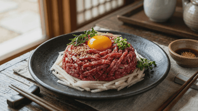 Yukhoe served with egg yolk and vegetables