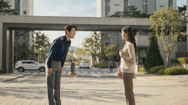 Security guard and woman having friendly conversation in sun-drenched apartment