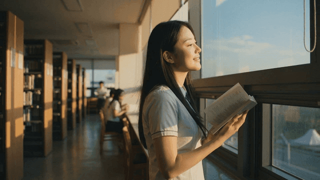 Female student reading book by library window