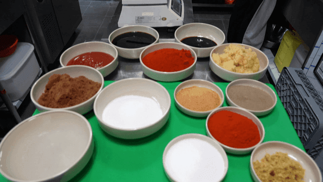 Various ingredients prepared in a kitchen