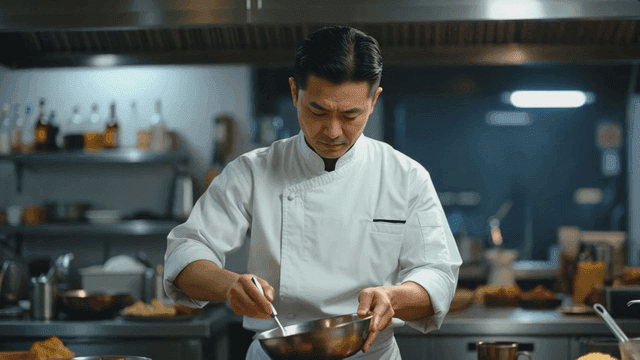 Chef preparing a dish in a professional kitchen