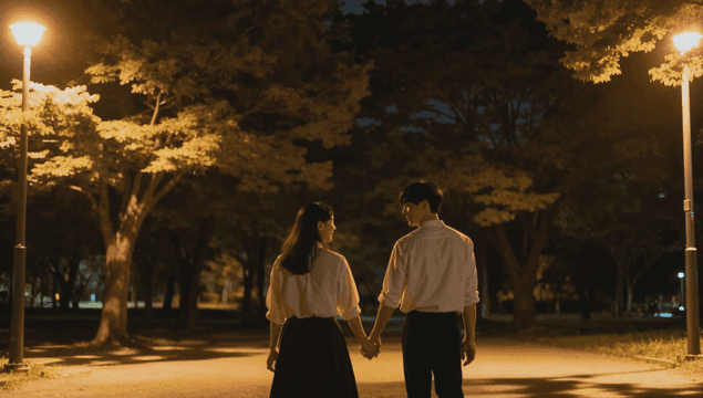 Back view of a couple holding hands under a streetlight