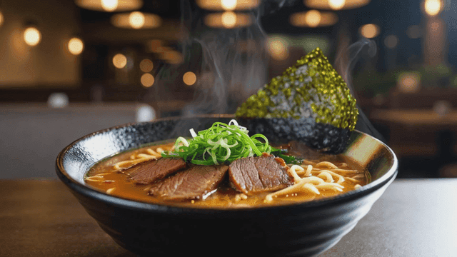 Steaming bowl of ramen with toppings