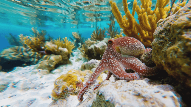 Octopus among seaweed beneath sea
