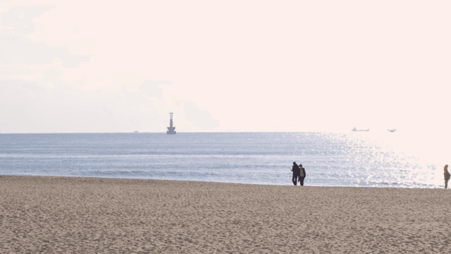 고요한 해변을 걷는 사람들