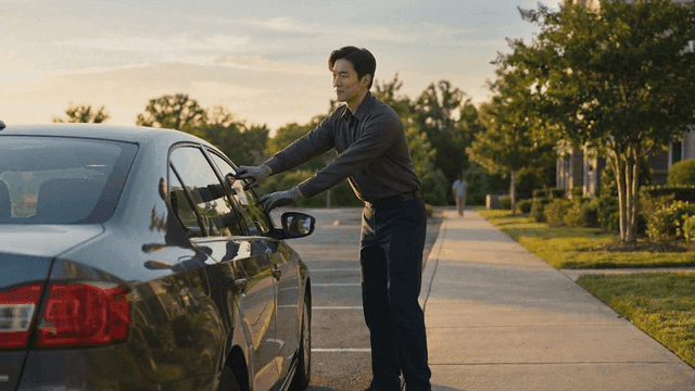 Security guard putting stickers on car windows