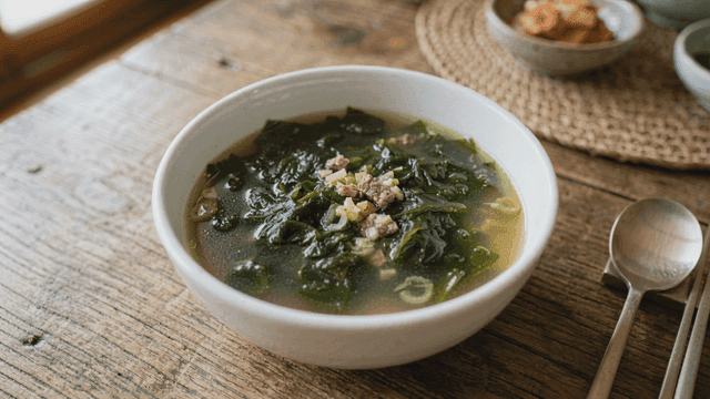 Bowl of seaweed soup on table
