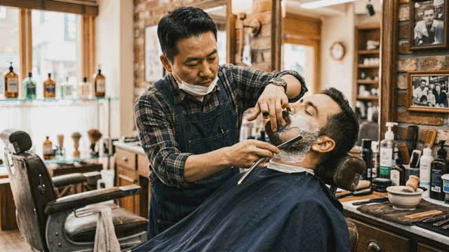 Barber shaving a customer's beard