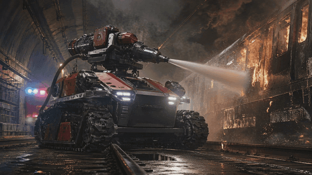 Firefighting robot extinguishing a train fire