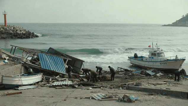 People cleaning debris on a beach