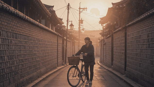 해질녘 전통 한옥 골목에서 자전거를 끌고 걷는 여성