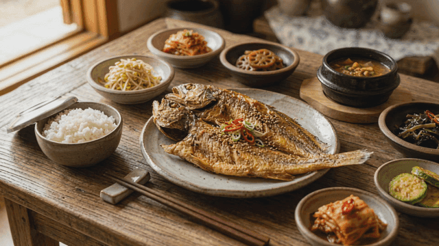 Traditional Korean meal set with grilled fish