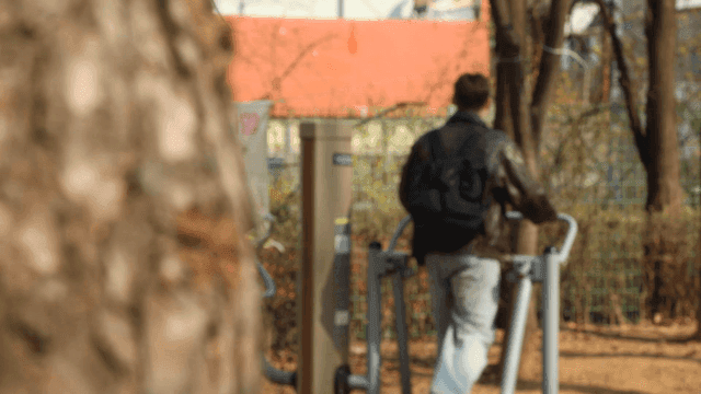 Back view of man using exercise equipment in outdoor park