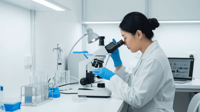 현미경으로 샘플을 검사하는 과학자