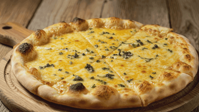Cheese pizza with herbs on a wooden board