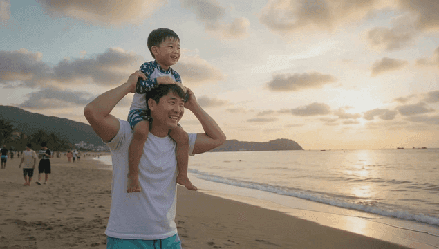 Father and son enjoying a beach sunset
