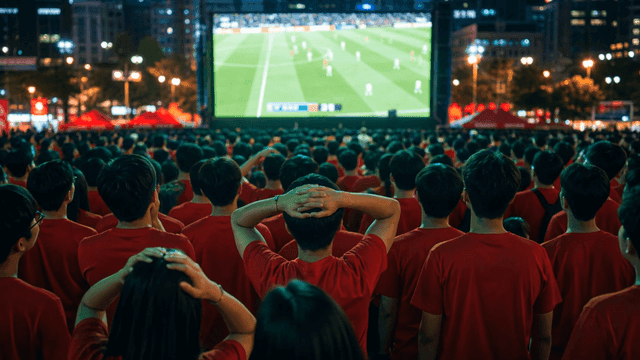 Frustrated crowd watching soccer match on large screen