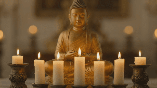 Candles lit in front of a Buddha statue