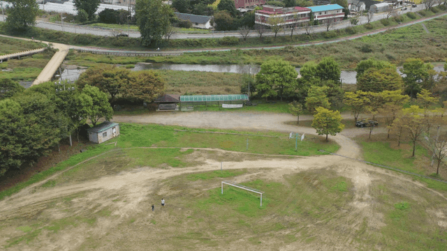 강변의 길과 나무가 있는 넓은 공터