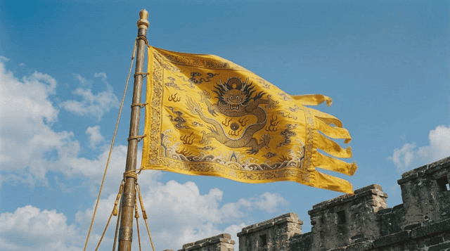 Yellow dragon Qing Dynasty flag fluttering atop fortress