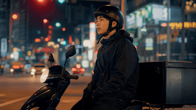 도로 교차로에서 기다리는 배달 라이더