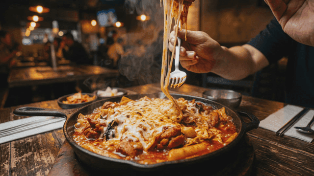 Spicy Dakgalbi with cheese in pan
