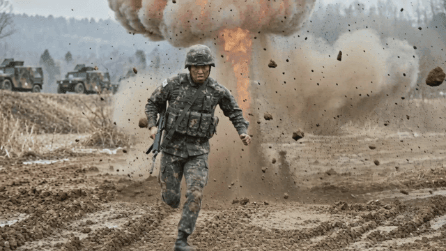 Soldier running amidst explosions