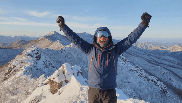 눈 덮인 산 정상에서 기뻐하는 사람