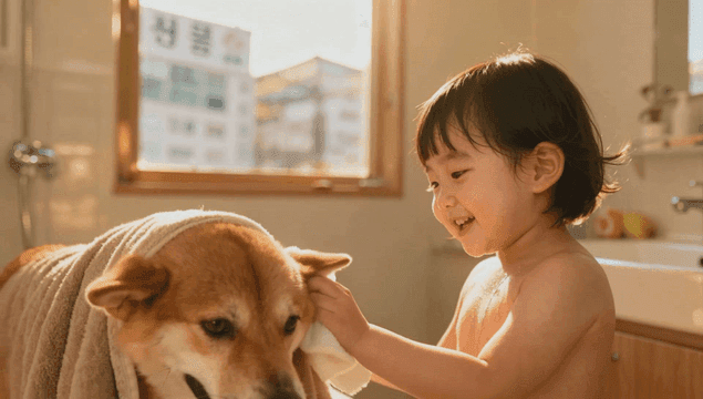 Child happily drying a dog with a towel