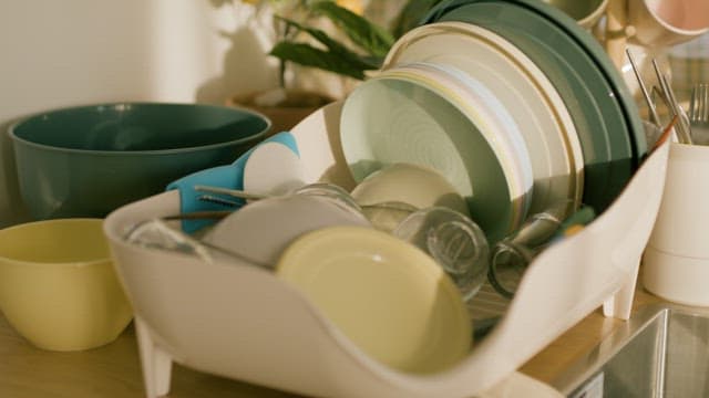 Dishes on the Kitchen Drying Rack After Washing