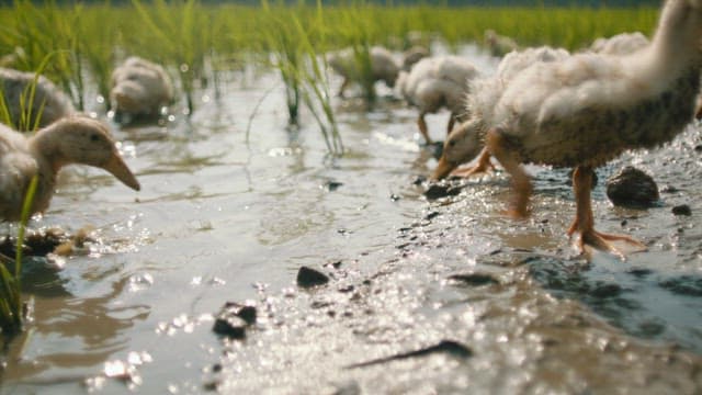 Ducks Foraging in a Flooded Paddy Field